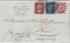 143418 1867 THREE COLOUR COMBINATION LONDON TO BERNE, SWITZERLAND 1d (SG43), 2d (SG45) AND 3d (SG92).