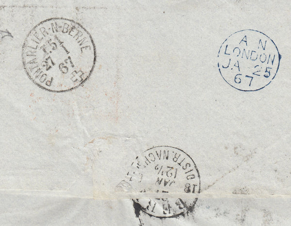 143418 1867 THREE COLOUR COMBINATION LONDON TO BERNE, SWITZERLAND 1d (SG43), 2d (SG45) AND 3d (SG92).
