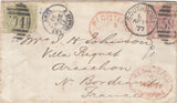 143419 1877 REGISTERED MAIL SOUTHPORT, LANCS TO FRANCE 2½d ROSY MAUVE (SG141) AND 4d SAGE-GREEN (SG153).