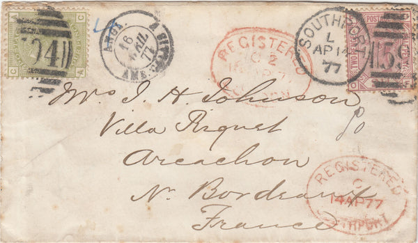 143419 1877 REGISTERED MAIL SOUTHPORT, LANCS TO FRANCE 2½d ROSY MAUVE (SG141) AND 4d SAGE-GREEN (SG153).