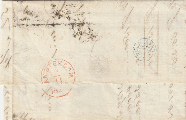 143422 1859 THREE COLOUR COMBINATION LONDON TO AMSTERDAM 1d (SG40), 2d (SG45) AND 6d (SG68).