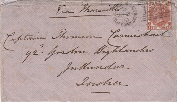 143424 1868 MAIL EDINBURGH TO JULLUNDAR, INDIA 10d RED-BROWN (SG112) 'POSTED SINCE 10 LAST NIGHT/131' DUPLEX (RA25).