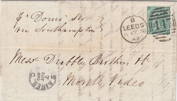 143425 1870 MAIL LEEDS TO MONTEVIDEO, URUGUAY 1s GREEN (SG117) PL.4.