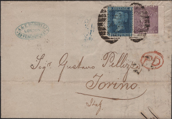 143426 1867 MAIL LONDON TO TORINO, ITALY 6d (SG105) POSTAGE AND 2d (SG45) LATE FEE.