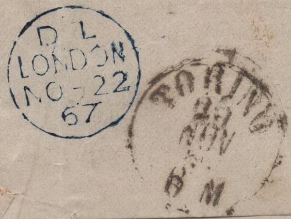 143426 1867 MAIL LONDON TO TORINO, ITALY 6d (SG105) POSTAGE AND 2d (SG45) LATE FEE.