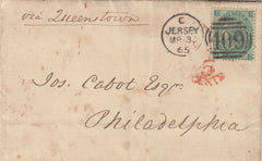 143427 1865 MAIL JERSEY TO PHILADELPHIA, U.S.A. 1s GREEN (SG101).