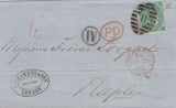 143429 1865 MAIL LONDON TO NAPLES 1s GREEN WMK EMBLEMS (SG101).
