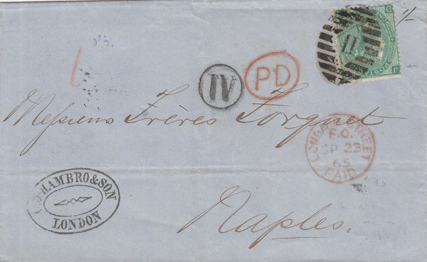 143429 1865 MAIL LONDON TO NAPLES 1s GREEN WMK EMBLEMS (SG101).