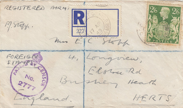 143431 1943 REGISTERED MAIL 'FIELD POST OFFICE/656' NORTH AFRICA TO BUSHEY HEATH, HERTS KGVI 2/6 YELLOW-GREEN (SG476b).
