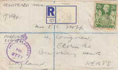 143431 1943 REGISTERED MAIL 'FIELD POST OFFICE/656' NORTH AFRICA TO BUSHEY HEATH, HERTS KGVI 2/6 YELLOW-GREEN (SG476b).