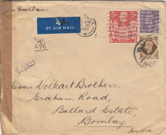 143432 1943 AIRMAIL LONDON TO BOMBAY, INDIA KGVI 5s RED (SG477) ALSO 3d AND 1s.
