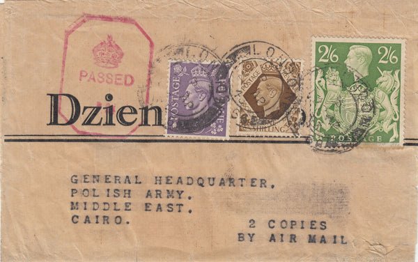 143433 1943 NEWSPAPER WRAPPER LONDON TO 'POLISH ARMY,  MIDDLE EAST,  CAIRO' KGVI 2/6 YELLOW-GREEN (SG476b) ALSO 3d AND 1s.