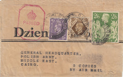 143433 1943 NEWSPAPER WRAPPER LONDON TO 'POLISH ARMY,  MIDDLE EAST,  CAIRO' KGVI 2/6 YELLOW-GREEN (SG476b) ALSO 3d AND 1s.