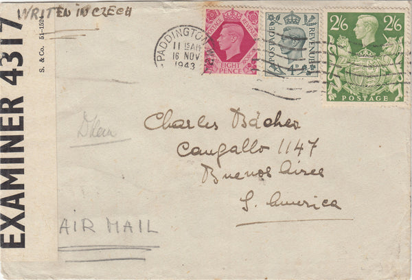 143436 1943 AIRMAIL PADDINGTON, LONDON TO BUENOS AIRES, ARGENTINA KGVI 2/6 YELLOW-GREEN (SG476b) ALSO 4d AND 8d.