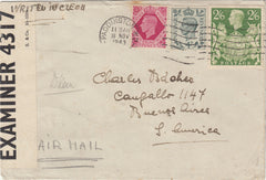 143436 1943 AIRMAIL PADDINGTON, LONDON TO BUENOS AIRES, ARGENTINA KGVI 2/6 YELLOW-GREEN (SG476b) ALSO 4d AND 8d.