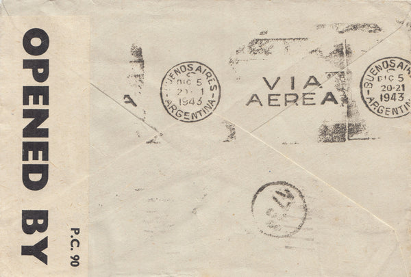 143436 1943 AIRMAIL PADDINGTON, LONDON TO BUENOS AIRES, ARGENTINA KGVI 2/6 YELLOW-GREEN (SG476b) ALSO 4d AND 8d.