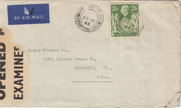143437 1943 AIRMAIL APPERLEY BRIDGE, BRADFORD, YORKS TO ROCHESTER, U.S.A. KGVI 2/6 YELLOW-GREEN (SG476b).)