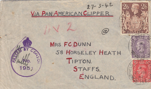 143438 1942 AIRMAIL FIELD POST OFFICE/174 (CAIRO) TO TIPTON, STAFFS , ENGLAND KGVI 2/6 BROWN (SG476) ALSO 1d AND 3d ISSUES.