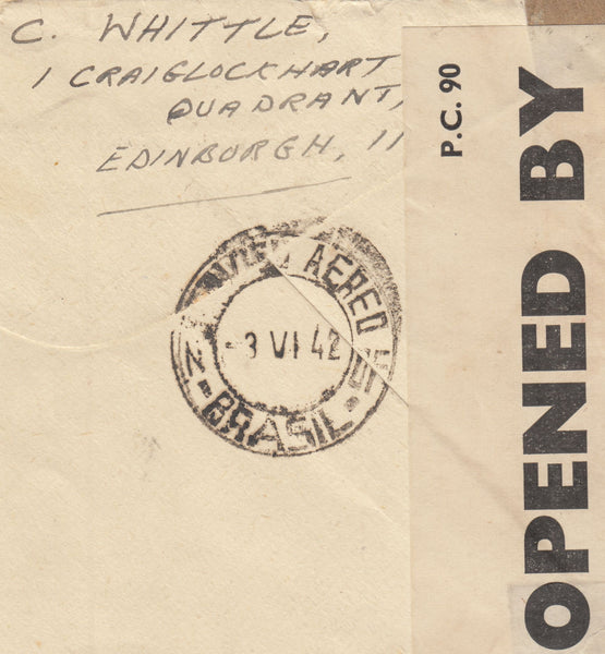 143439 1942 AIRMAIL EDINBURGH TO RIO DE JANIERO, BRAZIL KGVI 2/6 BROWN (SG476) AND 1s.