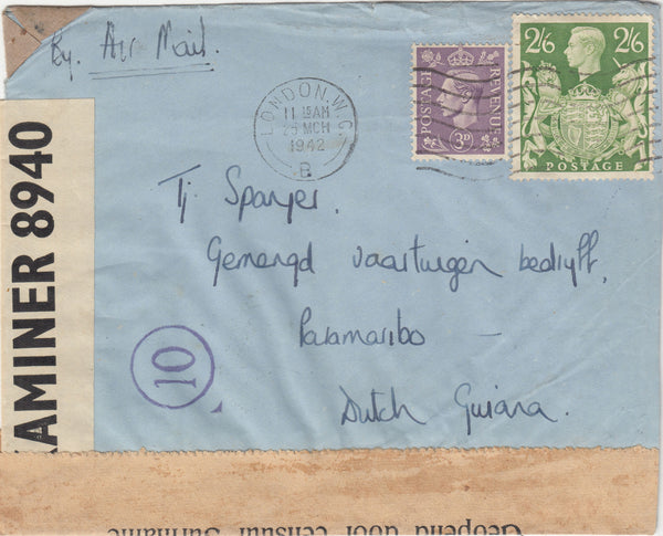 143440 1942 AIRMAIL LONDON TO PARAMARIBO, DUTCH GUIANA (SURINAME) KGVI 2/6 YELLOW-GREEN (SG476b) AND3d.
