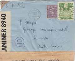 143440 1942 AIRMAIL LONDON TO PARAMARIBO, DUTCH GUIANA (SURINAME) KGVI 2/6 YELLOW-GREEN (SG476b) AND3d.