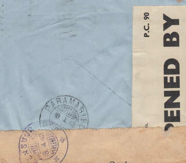 143440 1942 AIRMAIL LONDON TO PARAMARIBO, DUTCH GUIANA (SURINAME) KGVI 2/6 YELLOW-GREEN (SG476b) AND3d.