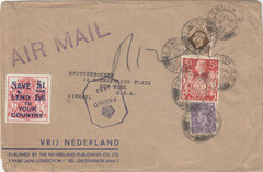 143441 1942 AIRMAIL LONDON TO NEW YORK, U.S.A. 5s RED (SG477) ALSO 3d AND 1 s VALUES AND 'SAVE AND LEND TO YOUR COUNTRY' LABEL.