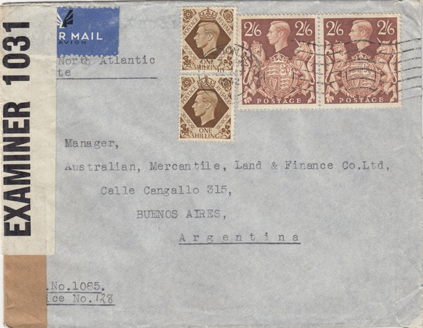 143442 1942 AIRMAIL LONDON TO BUENOS AIRES, AGENTINA KGVI 2/6 BROWN (SG476) FINE PAIR AND 1s X 2.