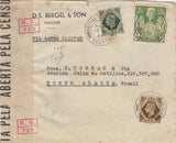143444 1944 MAIL TANGIER TO PORTO ALEGRE, BRAZIL WITH U.K. 2/6 YELLOW-GREEN (SG476b) ALSO 9d AND 1s.