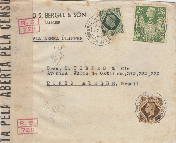143444 1944 MAIL TANGIER TO PORTO ALEGRE, BRAZIL WITH U.K. 2/6 YELLOW-GREEN (SG476b) ALSO 9d AND 1s.