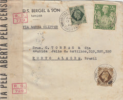 143444 1944 MAIL TANGIER TO PORTO ALEGRE, BRAZIL WITH U.K. 2/6 YELLOW-GREEN (SG476b) ALSO 9d AND 1s.