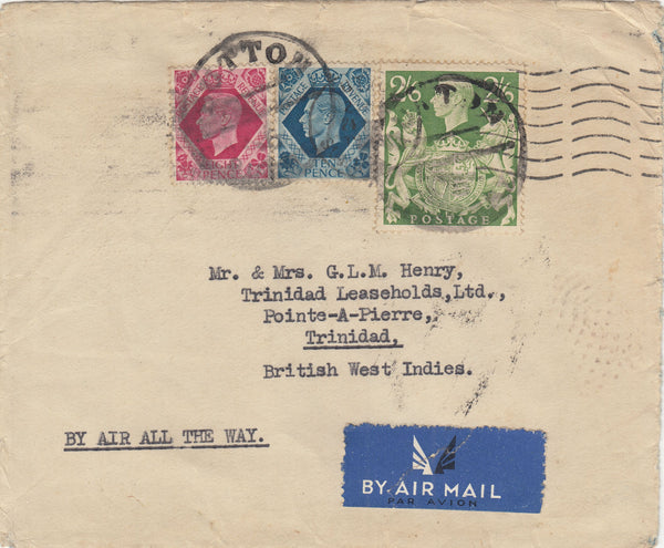 143445 1942 AIRMAIL SUTTON, SURREY TO TRINIDAD, BRITISH WEST INDIES KGVI 2/6 YELLOW-GREEN (SG476b)  ALSO 8d AND 10d.