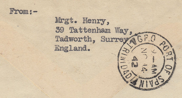 143445 1942 AIRMAIL SUTTON, SURREY TO TRINIDAD, BRITISH WEST INDIES KGVI 2/6 YELLOW-GREEN (SG476b)  ALSO 8d AND 10d.