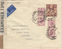 143446 1942 AIRMAIL BRADFORD, YORKSHIRE TO 'BUENOS AIRES, ARGENTINE, URUGUAY' (!) KGVI 2/6 BROWN (SG476) AND 6d PURPLE X 4.