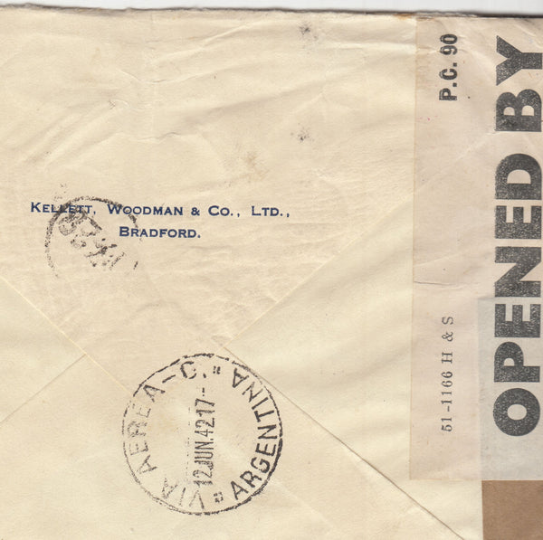 143446 1942 AIRMAIL BRADFORD, YORKSHIRE TO 'BUENOS AIRES, ARGENTINE, URUGUAY' (!) KGVI 2/6 BROWN (SG476) AND 6d PURPLE X 4.