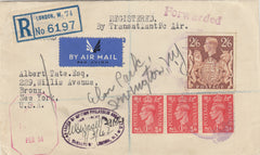 143447 1942 REGISTERED AIRMAIL LONDON TO NEW YORK, U.S.A. KGVI 2/6 BROWN (SG476) AND 1d (SG486) X 3.