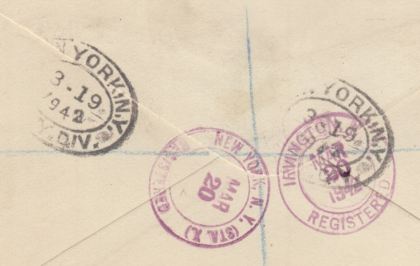 143447 1942 REGISTERED AIRMAIL LONDON TO NEW YORK, U.S.A. KGVI 2/6 BROWN (SG476) AND 1d (SG486) X 3.
