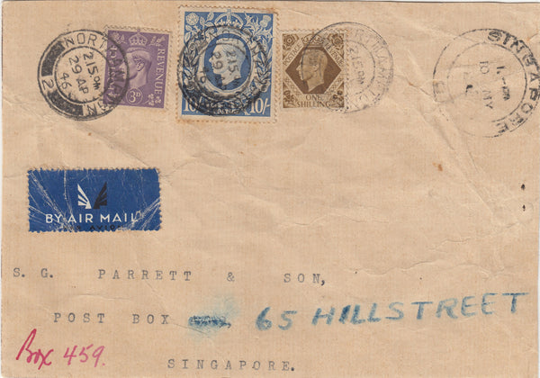 143448 1946 PART PARCEL WRAPPER AIRMAIL NORTHAMPTON TO SINGAPORE KGVI 10s ULTRAMARINE (SG478b) ALSO 3d and 1s.