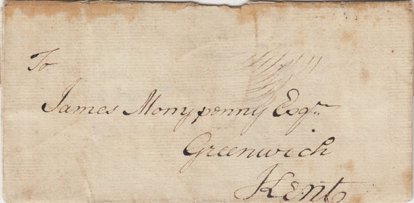 143453 1784 MAIL LONDON TO GREENWICH, KENT WITH LONDON DOCKWRA HANDSTAMP.