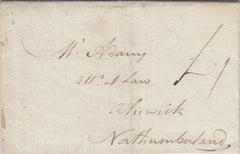 143459 1781 MAIL LONDON TO ALNWICK, NORTHUMBERLAND WITH BISHOP MARK AND 'F' LONDON RECEIVER'S HANDSTAMP.