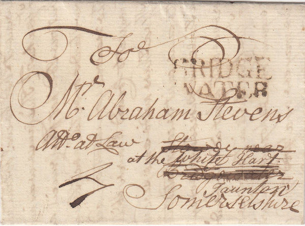 143468 1775 MAIL LONDON TO BRIDGEWATER, REDIRECTED TO TAUNTON WITH LONDON 'Partington' RECEIVER'S HANDSTAMP AND 'BRIDGE/WATER' HANDSTAMP (SO212).