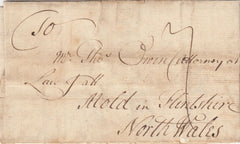 143469 1754 MAIL LONDON TO MOLD, FLINTSHIRE, WALES WITH 'AE' LONDON RECEIVER'S HANDSTAMP.