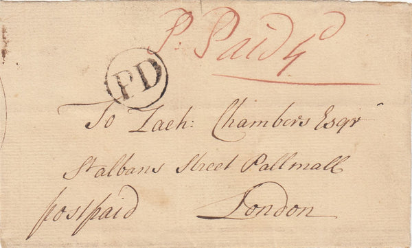 143470 CIRCA 1750 FRONT TO LONDON CIRCULAR 'PD' HANDSTAMP IN BLACK.