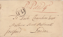 143470 CIRCA 1750 FRONT TO LONDON CIRCULAR 'PD' HANDSTAMP IN BLACK.
