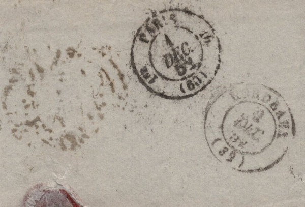 143473 1852 MAIL LONDON TO BORDEAUX, FRANCE WITH VARIOUS HANDSTAMPS INCLUDING 'TWO.LATE/G.P.O.'