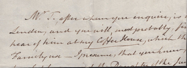 143477 1828 MAIL WINCHESTER TO LONDON, CHARGED '1/4' WITH WRITTEN REFERENCE TO A COFFEE HOUSE.