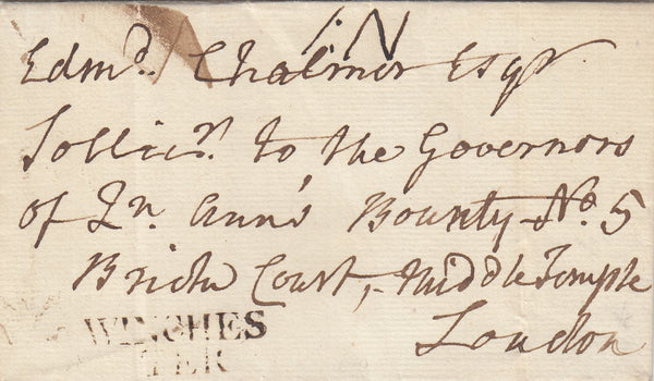 143478 1789 MAIL WINCHESTER TO QUEEN ANN'S BOUNTY WITH 'WINCHES/TER' HANDSTAMP (HA1521).