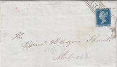 143479 1857 MAIL EDINBURGH TO MELROSE 2d BLUE PL.5 (SG23a) EDINBURGH ROLLER CANCELLATION.