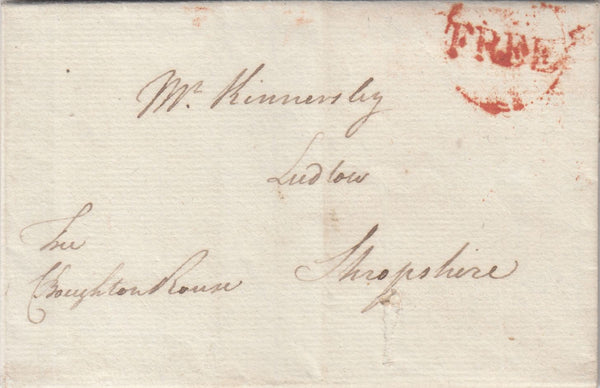 143480 1784 FREE MAIL LONDON TO LUDLOW, SHROPSHIRE WITH 'FREE' HANDSTAMP IN RED (L767).