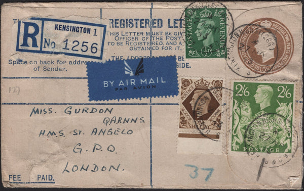 143481 1943 5½d BISTRE REGISTERED AIRMAIL KENSINGTON, LONDON TO 'H.M.S. ST ANGELO'  WITH 2/6 YELLOW-GREEN 'SG476b) ALSO ½d AND 1s.
